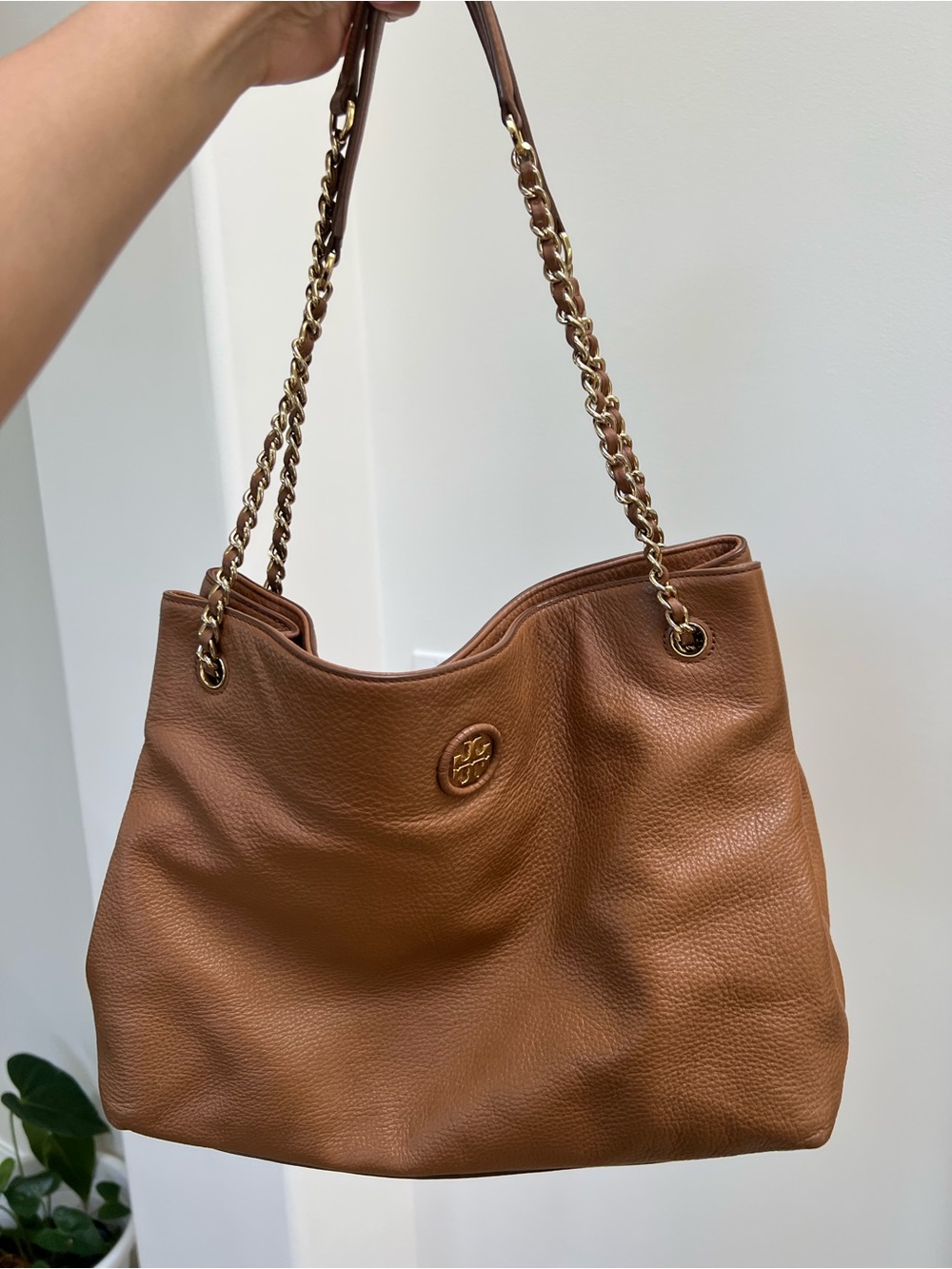 Tory Burch Cognac Pebbled Leather Chain-Handle Shoulder Bag